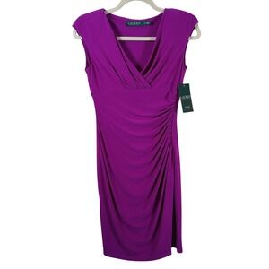 Lauren Ralph Lauren Ruched V Neck Sheath Dress Petite 2 Cosmetic Pink Cocktail